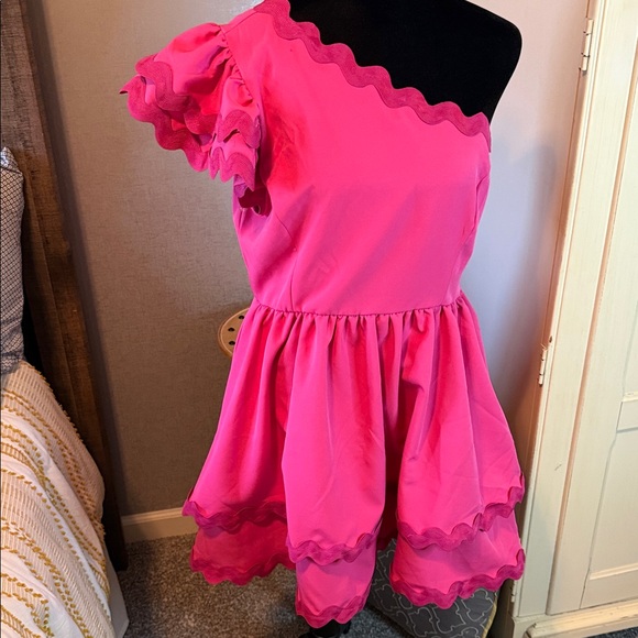 Main Strip Fuchsia One-Shoulder Ruffle Mini Dress - Picture 8 of 10